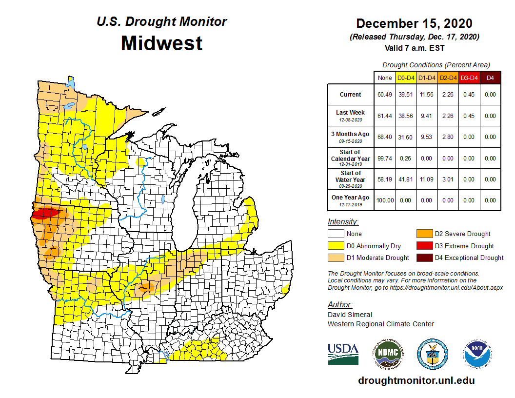 NOAANCEI's tweet photo. December 15: In east-central Illinois and northern Indiana, areas of abnormal dryness contracted; conditions in parts of upper and central Minnesota worsened. https://t.co/hs7rCpQMsY #DroughtMonitor #ILwx #INwx #MNwx #MNdrought https://t.co/Z0H5V0Rbkh