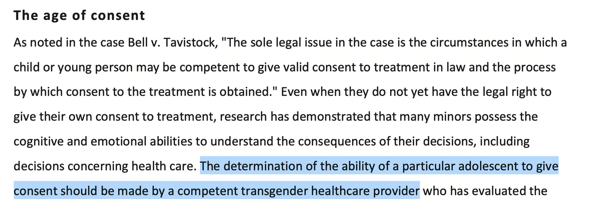 Note how they switch from "child or young person" to "adolescent". Truth is 12 year olds are vastly different from 18 year olds and the judgement, unlike WPATH, takes this into account. >