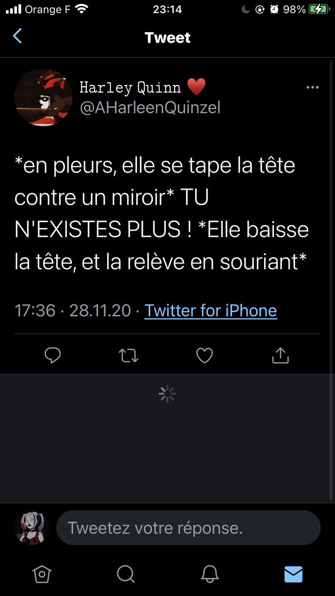 // j’ai beau citer, elle ignore complètement. j’en ai légèrement marre. si tu n’as aucune inspiration pour ton personnage et que tu te sens obligée de copier chacun de mes tweets, change de personne peut-être ?