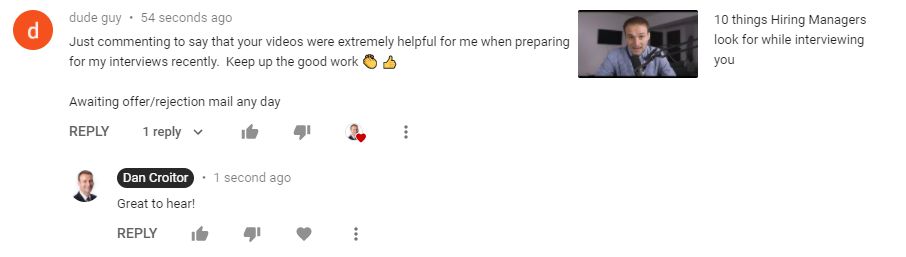 danccroitor's tweet photo. Just commenting to say that your videos were extremely helpful for me when preparing for my interviews recently.  Keep up the good work 👏 👍 https://t.co/O64ew2kN8G