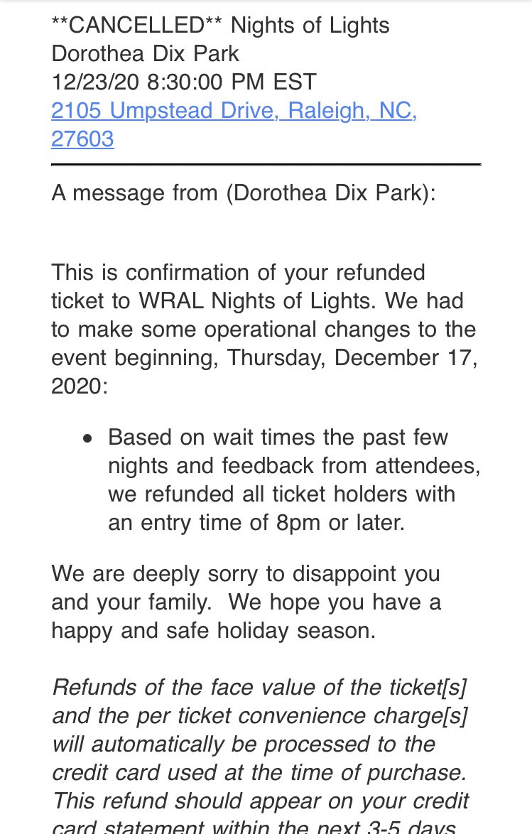MsMollyRivera's tweet photo. I reserved our ticket to @DixPark @WRAL Nights of Lights the day tickets went on sale. Just got notification that my ticket is canceled because I selected a time of 8 pm or later. This is arbitrary and very disappointing. Not cool, guys. Not cool at all. https://t.co/tfUyzAeHIB