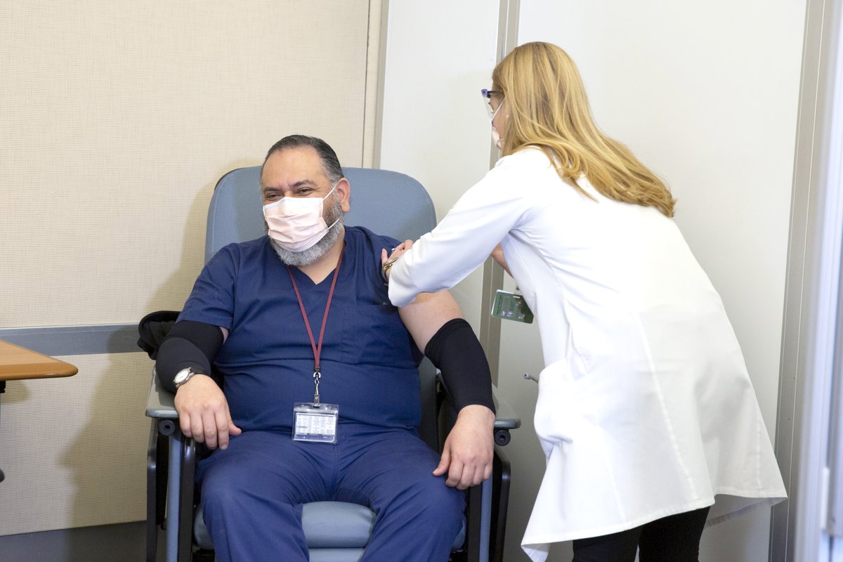 'This is a great step that has been taken to fight against COVID-19.' Juan Cespedes, Emergency Department Technician, was the first #BIDMC staff member to receive the #vaccine against #COVID19 on Wednesday.