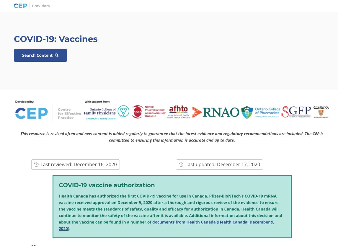 CEPhealth's tweet image. Now available: CEP's COVID-19 Vaccines Resource. It covers Ontario's latest COVID-19 vaccine info including prioritization, availability &amp;amp; rollout, point-of-care guidance, details about the Pfizer-BioNTech mRNA vaccine, patient questions &amp;amp; more. cep.health/clinical-produ… @NoahIvers