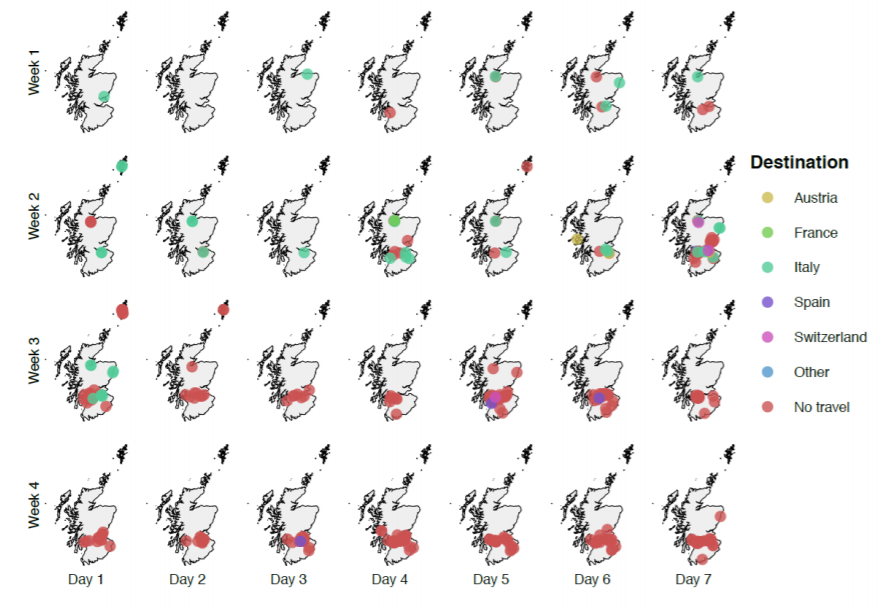coronavirus arrived in Scotland at the end of February (probably introduced in over 300 independent events)  https://www.cogconsortium.uk/wp-content/uploads/2020/12/9th-December-2020-COG-UK-Report-Scotland-SARS-CoV-2-a-genomics-perspective-SAGE.pdf https://www.medrxiv.org/content/10.1101/2020.06.08.20124834v1.full.pdf