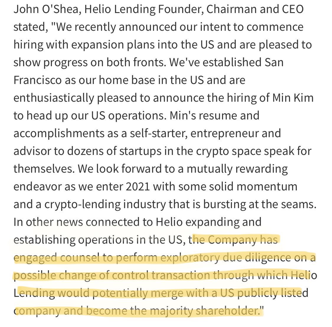 $CYIO  @HelioLending new home base in US now! Engaged in DD merge w US publicly listed company! O’Shea is ALSO the chairman  @cyioscorp that is now listed as a financial/lender comp.