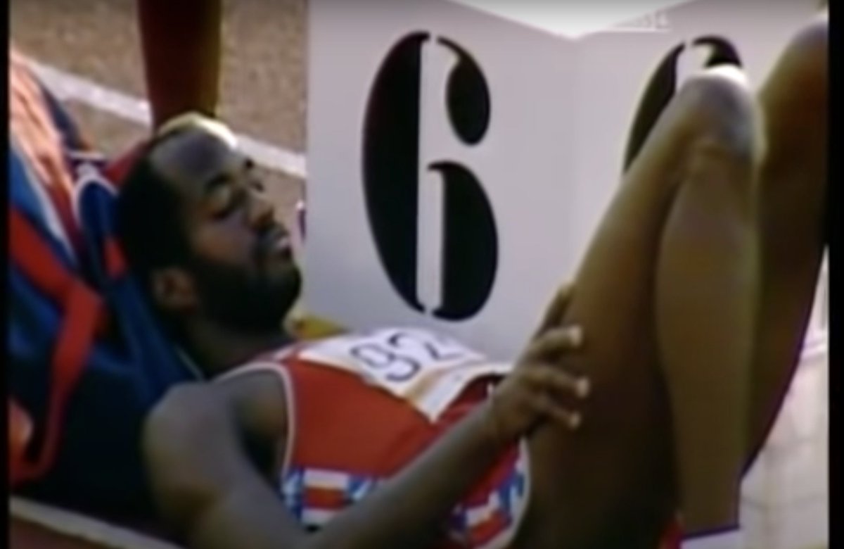 1984 Olympic Men 400 hurdles Edwin Moses is on winning streak that would go on to 10 years.This is him moments before the final, so calm and confident! "While he is as composed as could be"