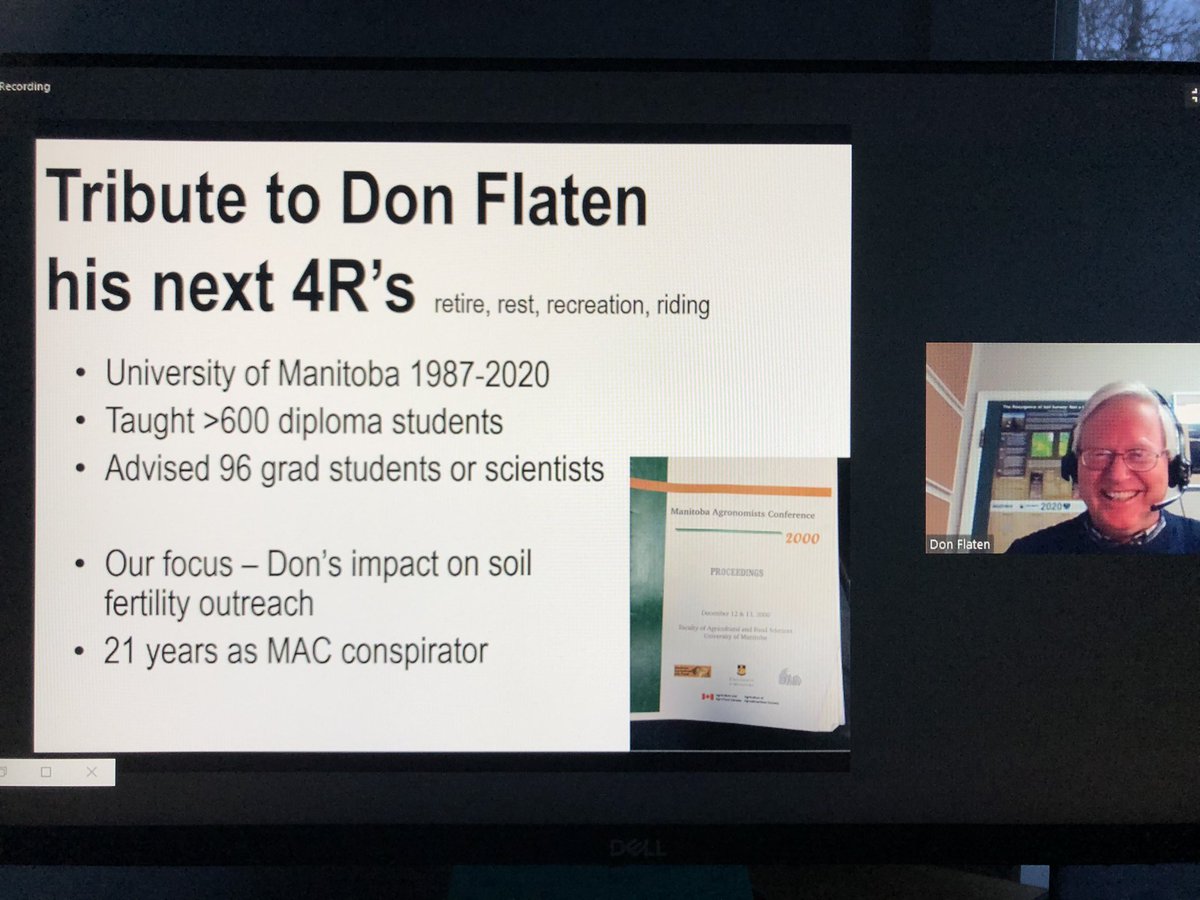 kpmacmillanUM's tweet image. Standing ovation to Dr. Don Flaten, our one &amp;amp; only soil fertility professor! RT if you’ve been inspired by Don as a student or farmer with his nutrient diagrams (on overhead!), practical fert. rec’s, humour, reference to MB’s “feedlot” &amp;amp; so much more! Happy retirement @donflaten1