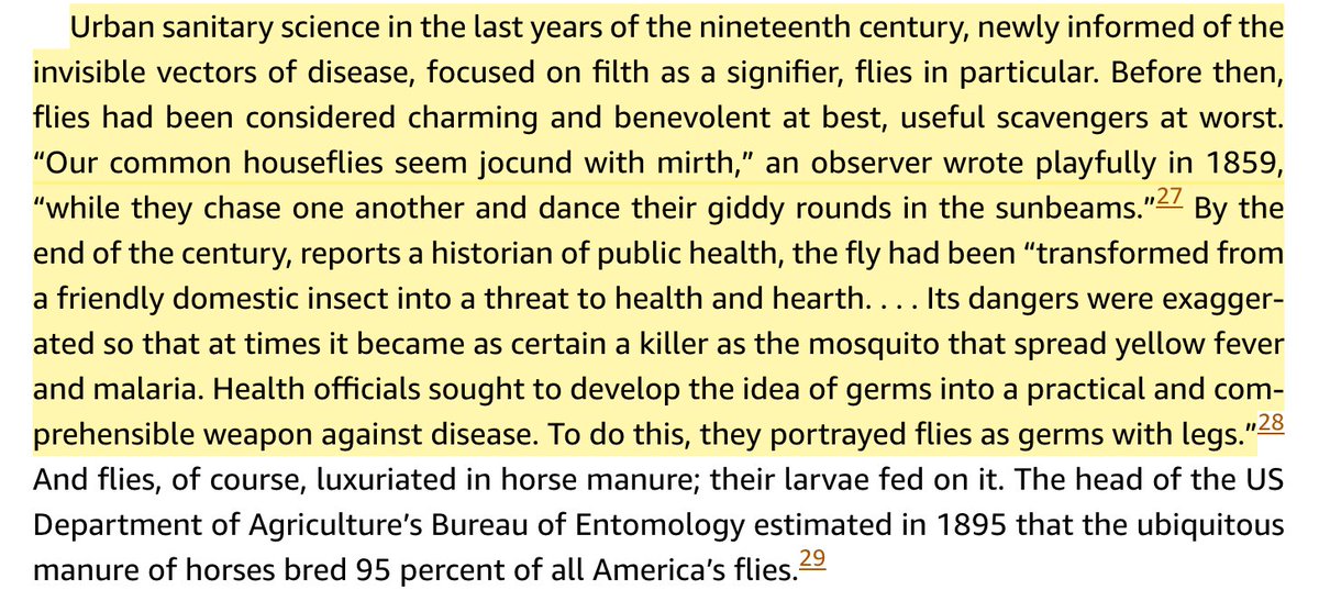 Rhodes writes that as late as the 1850s, houseflies, which live on dung, were regarded as merry companions. In the late 1800s, public health messaging, seeking to change their image, portrayed flies as “germs with legs”.