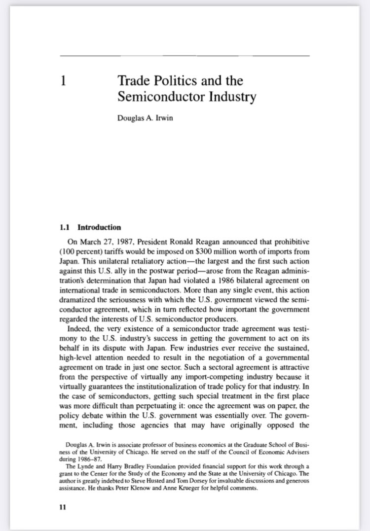 Also, this may be one of THE BEST papers about the political economy of trade policy ever (EVER!) written. I re-read it for my project, and got lost in its glorious detail for 2 days... @D_A_Irwin. 1996. “Trade Policies and the Semiconductor Industry”  https://www.nber.org/books-and-chapters/political-economy-american-trade-policy/trade-policies-and-semiconductor-industry