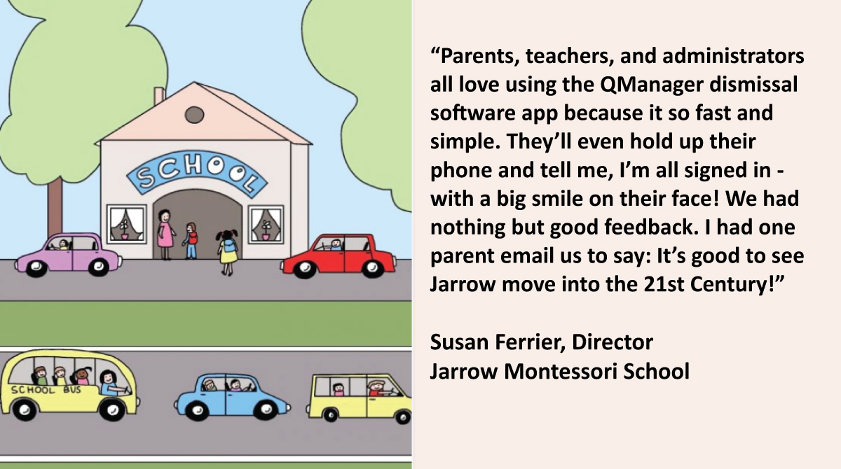 QManagerK12's tweet photo. “Parents, teachers &amp; administrators all love using the QManager #DismissalSoftware app because it so fast &amp; simple. It’s good to see Jarrow Montessori move into the 21st Century!” #edtech #k12 #SchoolDismissal #SchoolsReopening #Covid19 #administrators

https://t.co/oKLiROpYa4 https://t.co/KntRoRPPwK