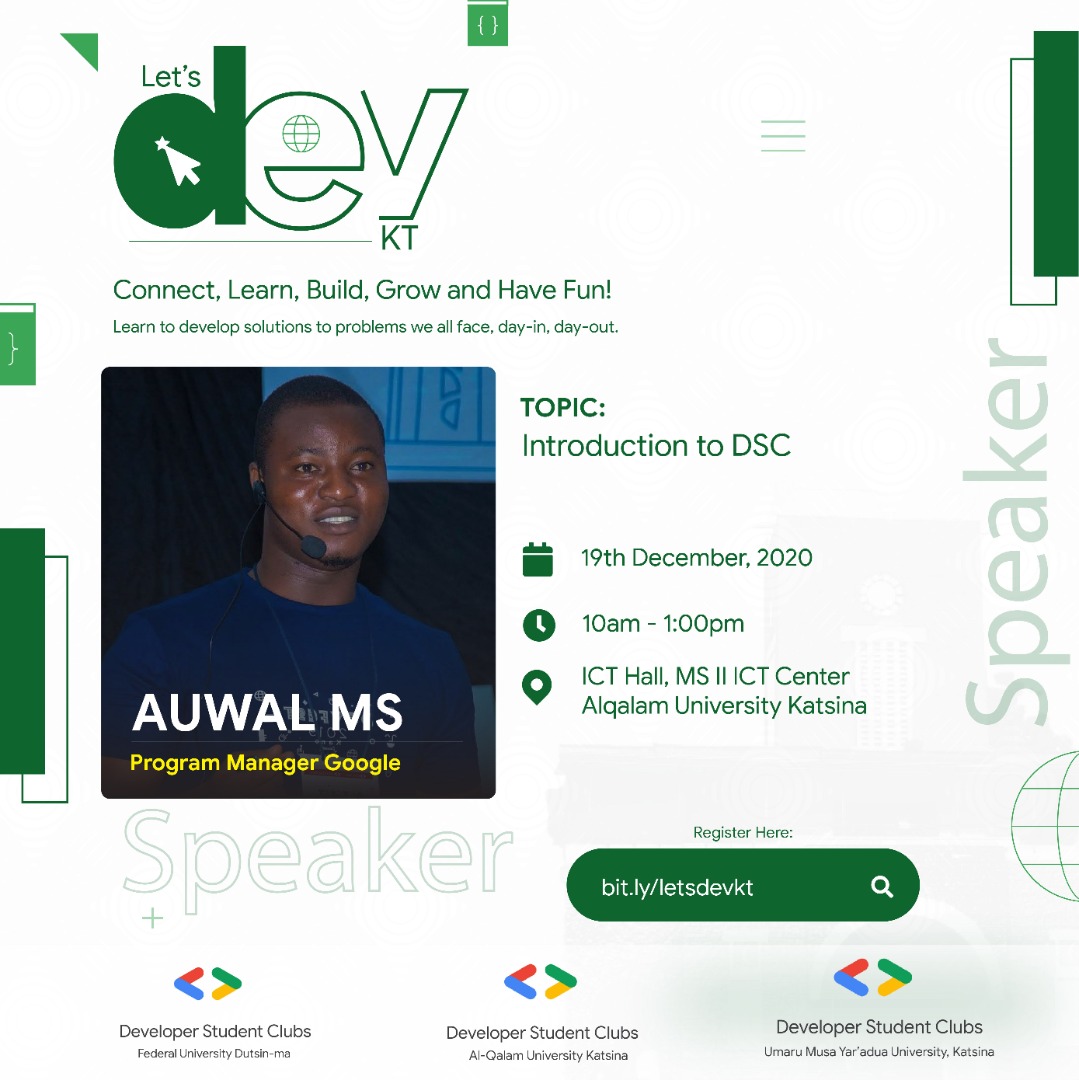 dscumyuk's tweet photo. Meet our speaker, a Mentor par Excellence, the man behind students building solutions from their schools to world, @auwalms, the SSA DSC PM and a life-long problem solver.
Be part of the life-enriching experience #letsdevkt promises to bring you
Join via https://t.co/C3R0Ya0tQc https://t.co/loP4D45waK