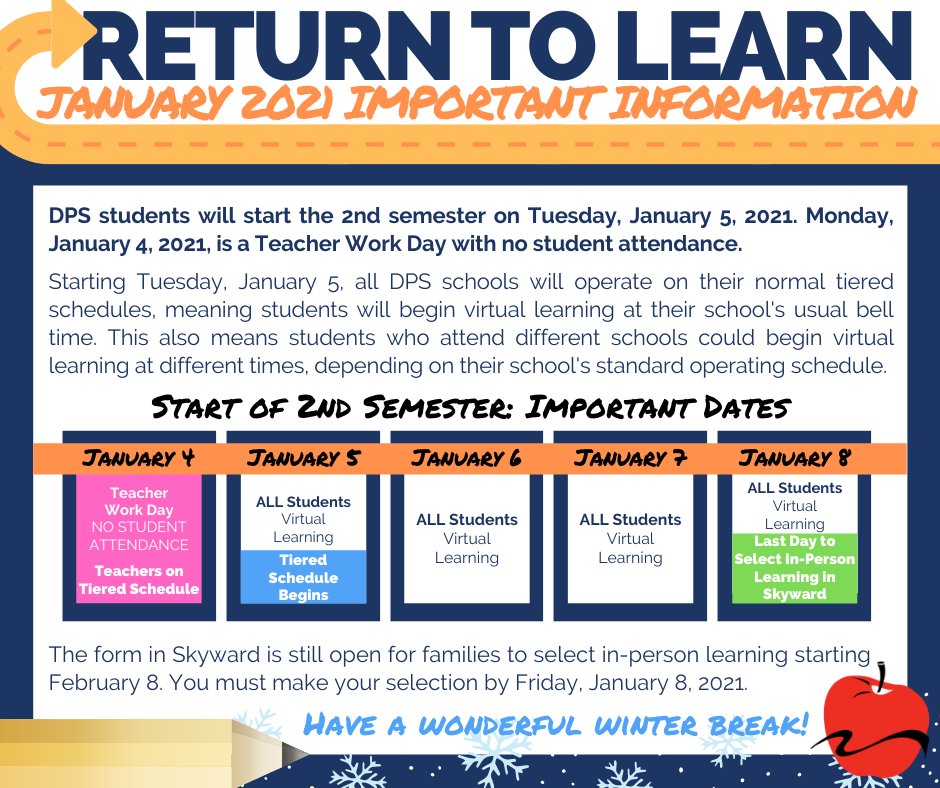 DPS61Decatur's tweet photo. DPS students will start 2nd semester on Tues, Jan 5; Mon, Jan 4 is a Teacher Work Day with no student attendance.

Also starting Tues, Jan 5, all DPS schools will operate on normal tiered schedules, meaning students will begin virtual learning at their school's usual bell time. https://t.co/CaJNdpKpZh
