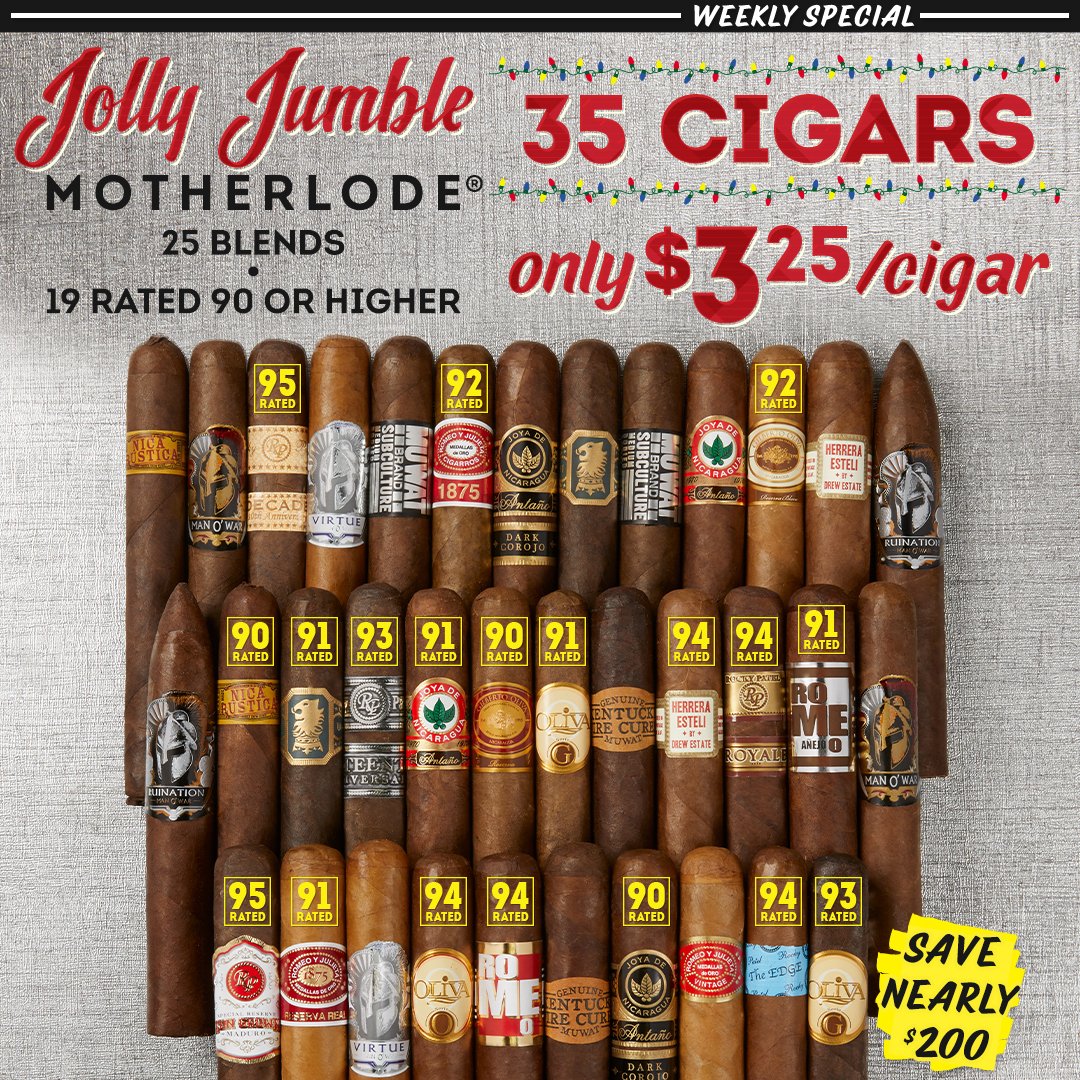 Cigars International on X: The Jolly Jumble Motherlode is primed to stuff  your humidor with 35 premium cigars from 5 top brands for only $113.75.  That's an instant savings of nearly $200,