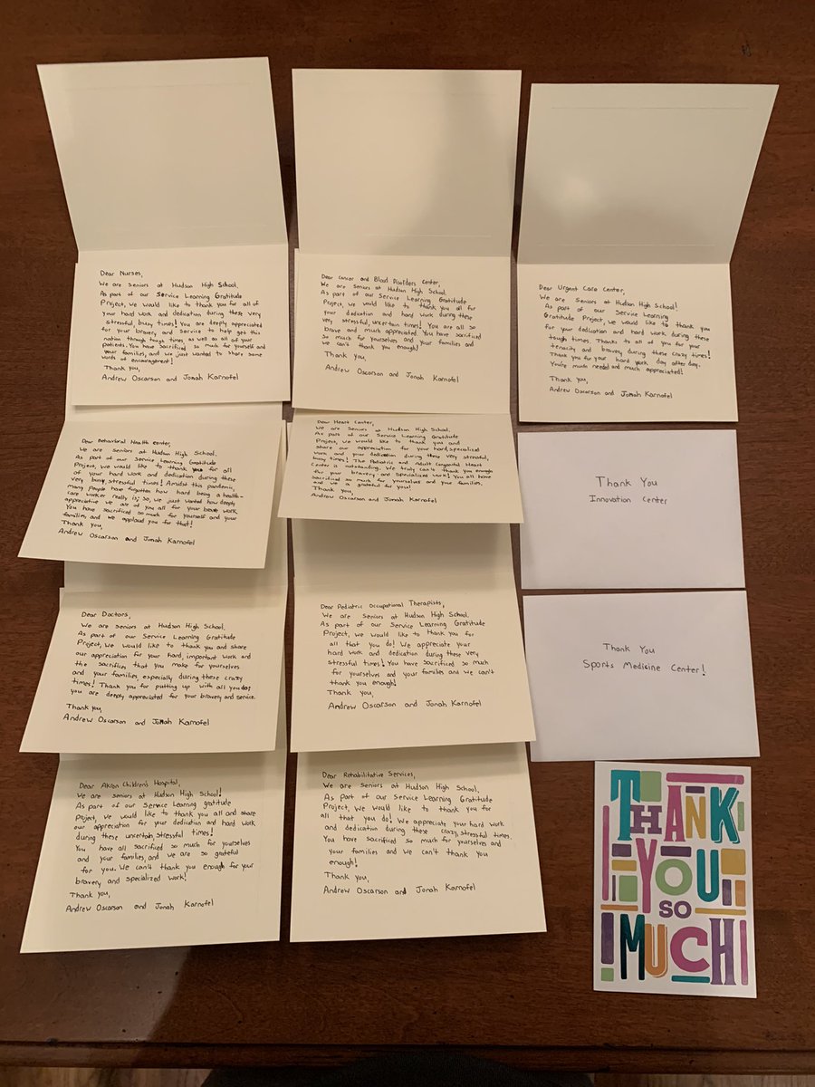 AndrewOscarson's tweet photo. “Thank You” cards for Healthcare workers at Akron Children’s Hospital being mailed out! #Kindland #LearningHudson #HudsonOHSchools @LearningHudson https://t.co/73OgQSAJ57