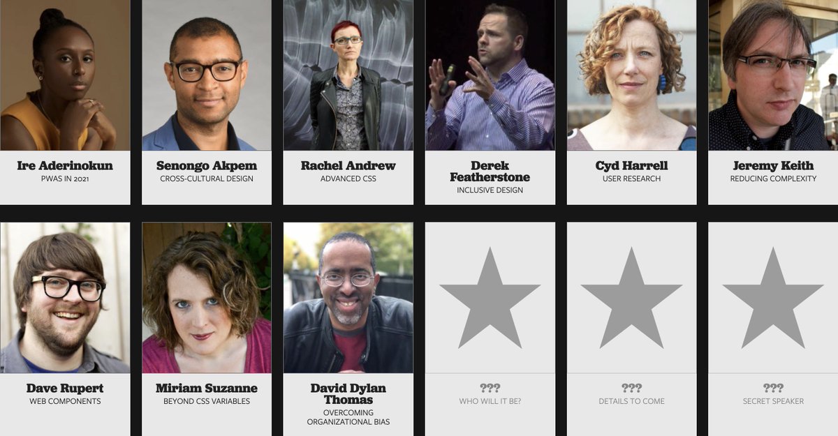 alistapart's tweet image. First 9 speakers announced! Join 15 great speakers in all, plus special guests, at @AnEventApart Spring Summit 2021. Save 21% off a 3-day pass w discount code OURGIFTTOYOU if you buy by 12/31/20.
aneventapart.com/event/spring-s…