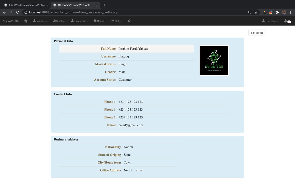 iFarouqDev's tweet image. It’s Day 17 of #100DaysOfCode 
Still working on front end of #AccountantSoftware.
Today I designed Display and Edit Profile pages for Vendors and Customers as you can see in the Image.
Stay with me and you will be getting my regular updates in sha Allah.
See you tomorrow guys😴