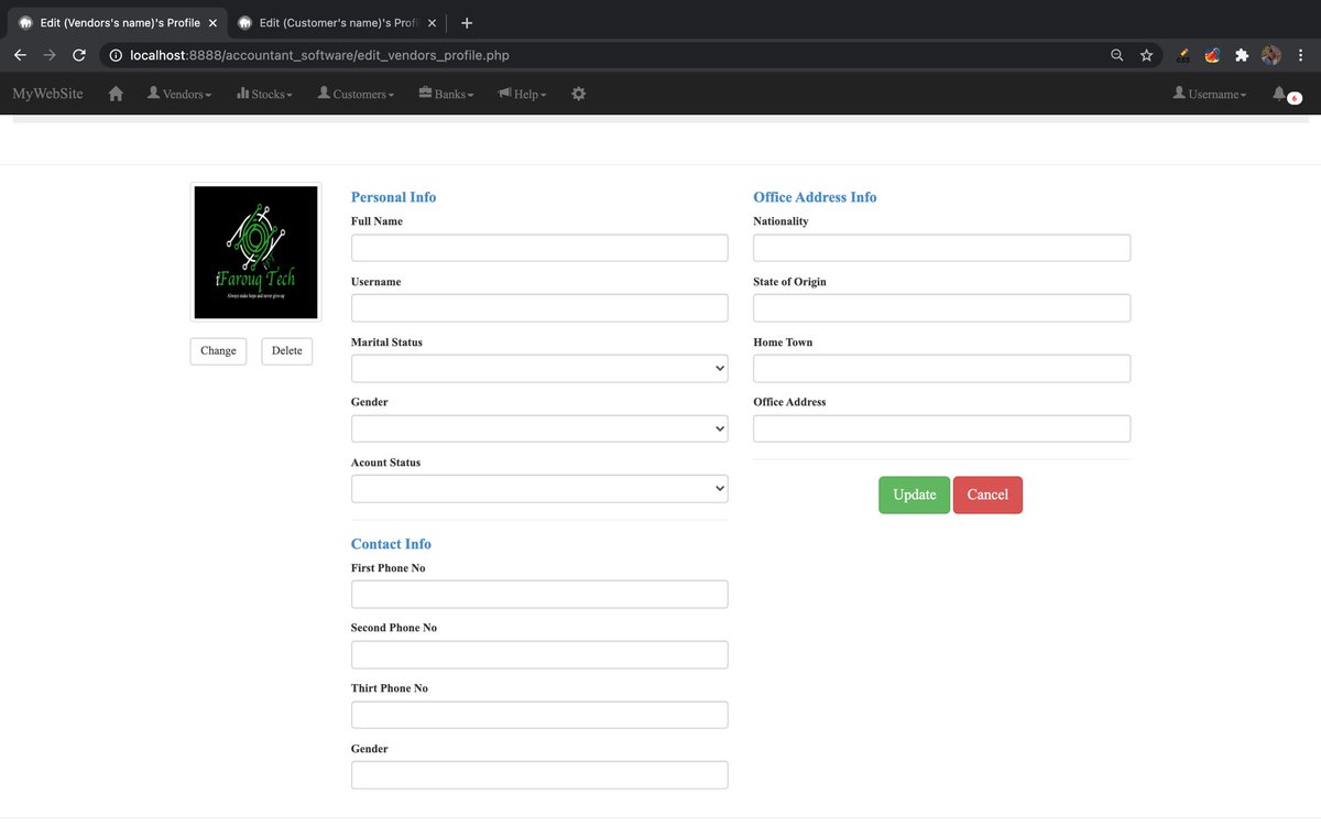 iFarouqDev's tweet image. It’s Day 17 of #100DaysOfCode 
Still working on front end of #AccountantSoftware.
Today I designed Display and Edit Profile pages for Vendors and Customers as you can see in the Image.
Stay with me and you will be getting my regular updates in sha Allah.
See you tomorrow guys😴