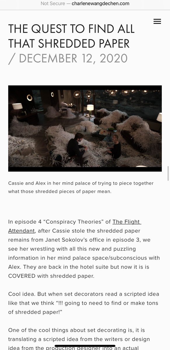 You will never guess what it took to find all that shredded paper in that quick shot in the hotel suite mind palace.  http://www.charlenewangdechen.com/blog/2020/12/5/the-quest-to-find-all-that-shredded-paper #TheFlightAttendant  