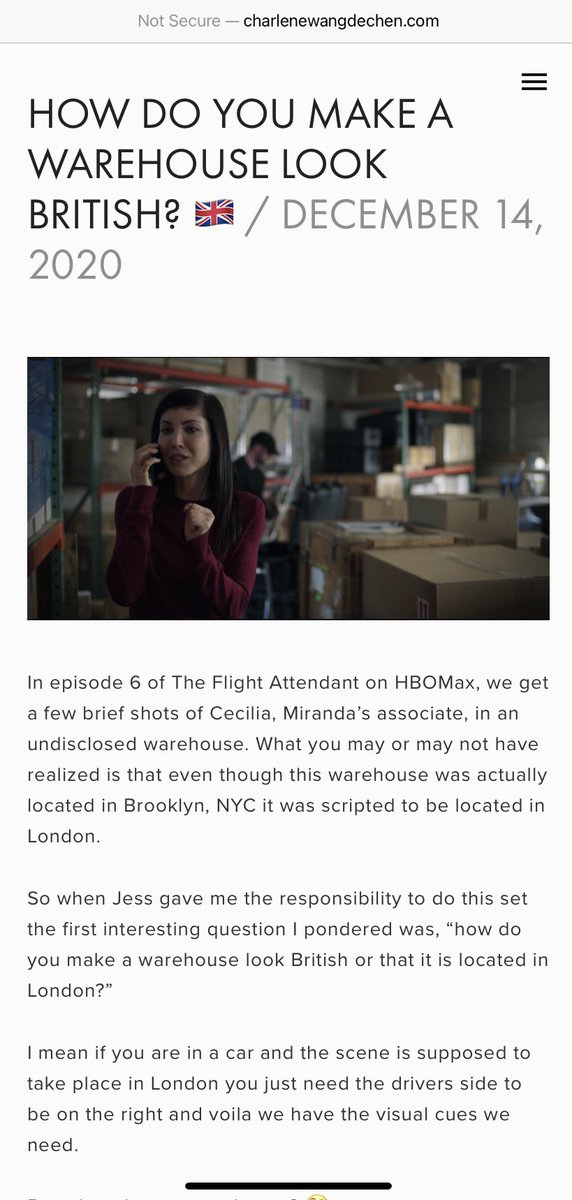 That warehouse we see in ep 6 & 8 of  #TheFlightAttendant   —did you know it was scripted to be in London?If you are filming in Brooklyn how do you make it look ?Oh I go into it. There are a lot of little details I’m sure you missed. http://www.charlenewangdechen.com/blog/2020/12/14/how-do-you-make-a-warehouse-look-british-