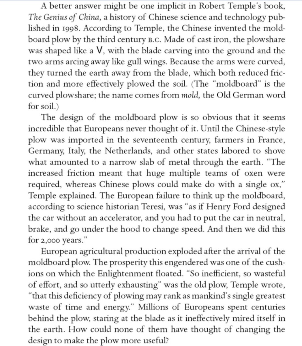 Wheeled luggage is great, but some missed simple technologies caused untold & unnecessary waste. This section, from Mann's 1491, suggests the moldboard plow is the biggest missed opportunity, a simple idea which China had for nearly 2k years before Europe! 2/4