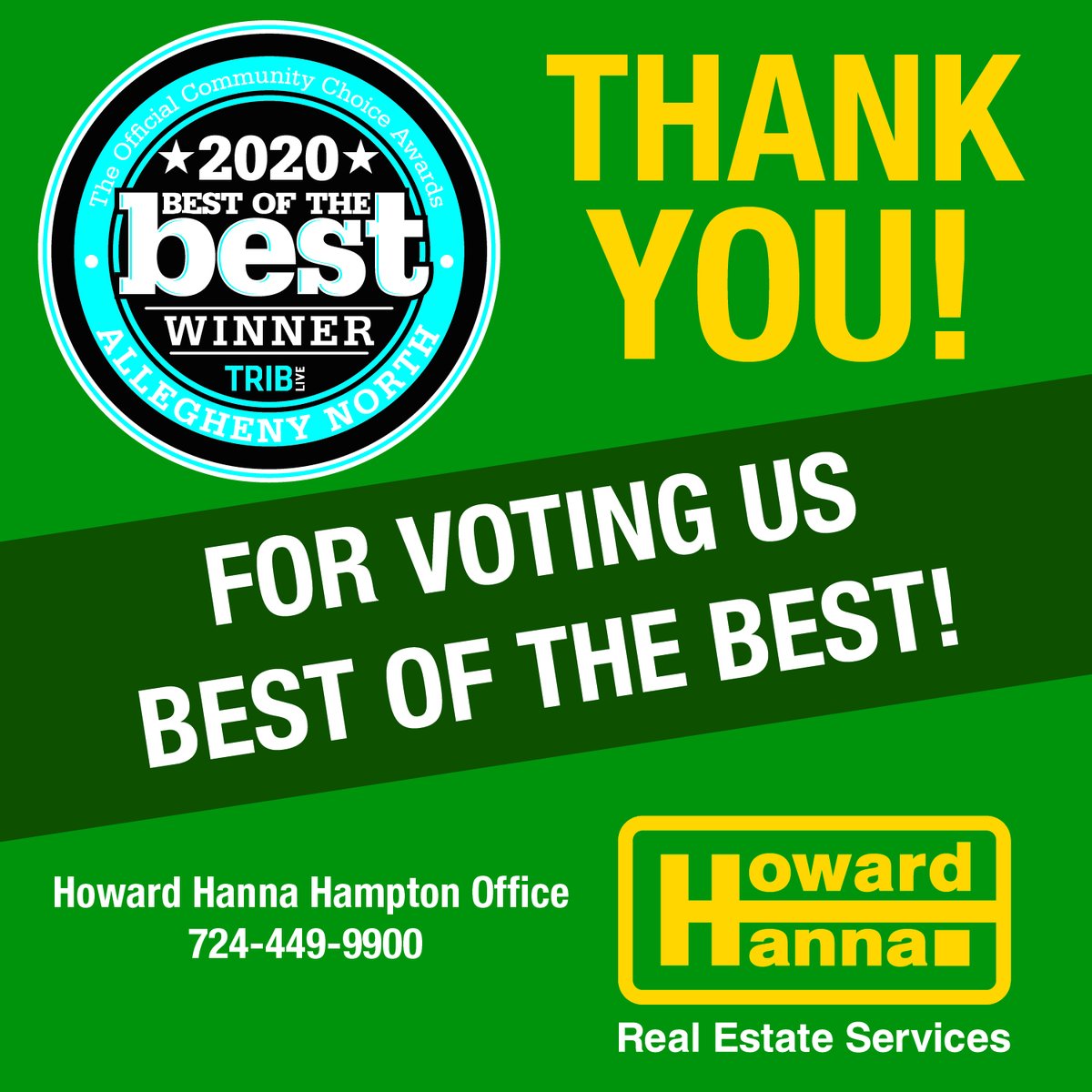 HowardHanna's tweet photo. We're very excited to announce that #HowardHanna's Hampton Office in Pennsylvania was voted the Best #RealEstate Company during the @TribLIVE's 2020 #Bestofthe Best event! Congratulations to the recipients of this year's award - this is an amazing recognition of the work you do! https://t.co/YWcIKOEJUl