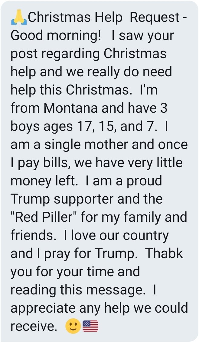 Anon #5Single mom of three boys. Things are very tight and she's looking for any help she can get 