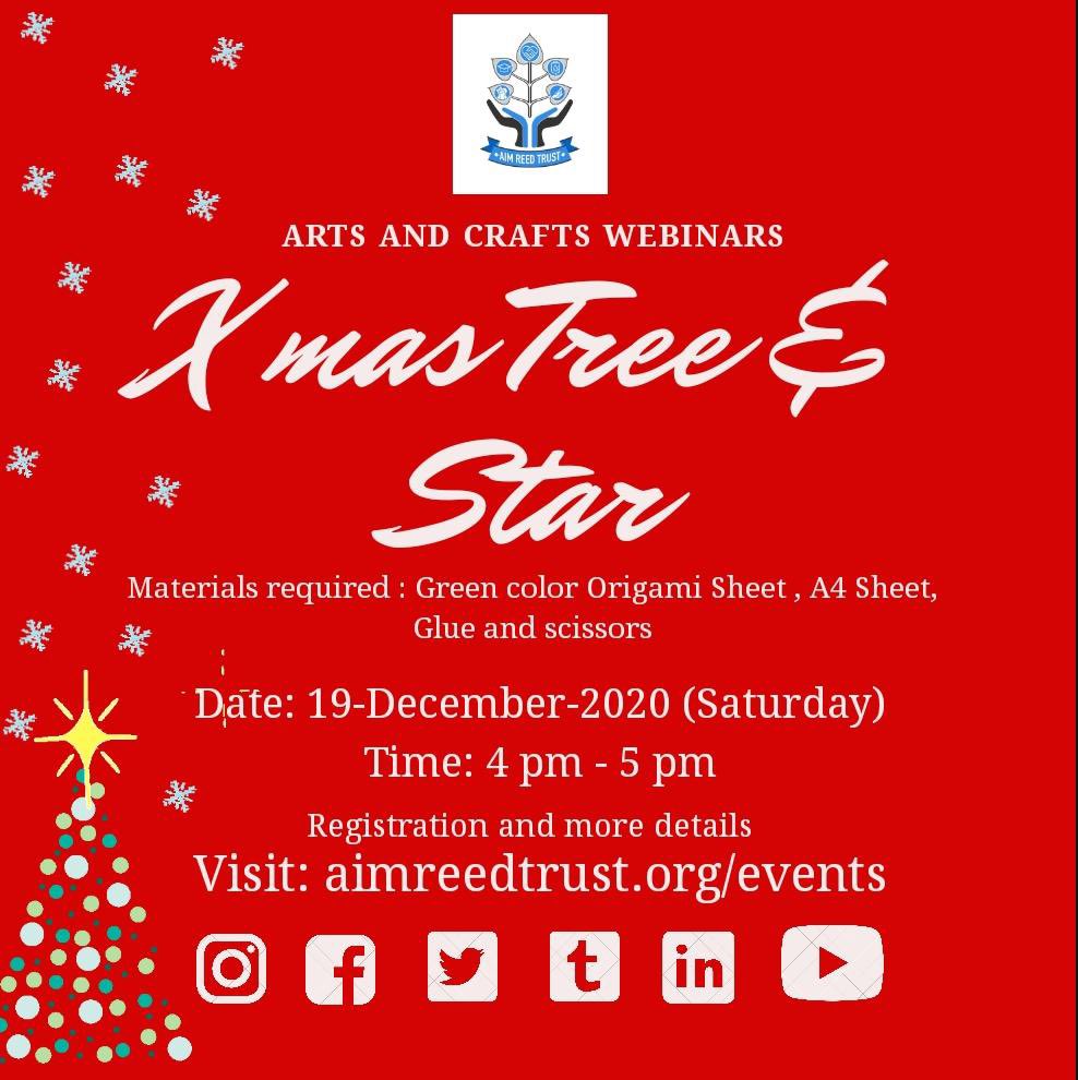 AIMREEDTrust's tweet photo. #Christmas Tree &amp; Star Making
Date: 19-Dec-2020(Saturday)
Timing: 4 pm - 5 pm
Mode: Google Meet

Registration and more details: https://t.co/TPSfoTEsRK

No registration required for #aimreedtrust #artsandcrafts members https://t.co/iPm1re9vLZ