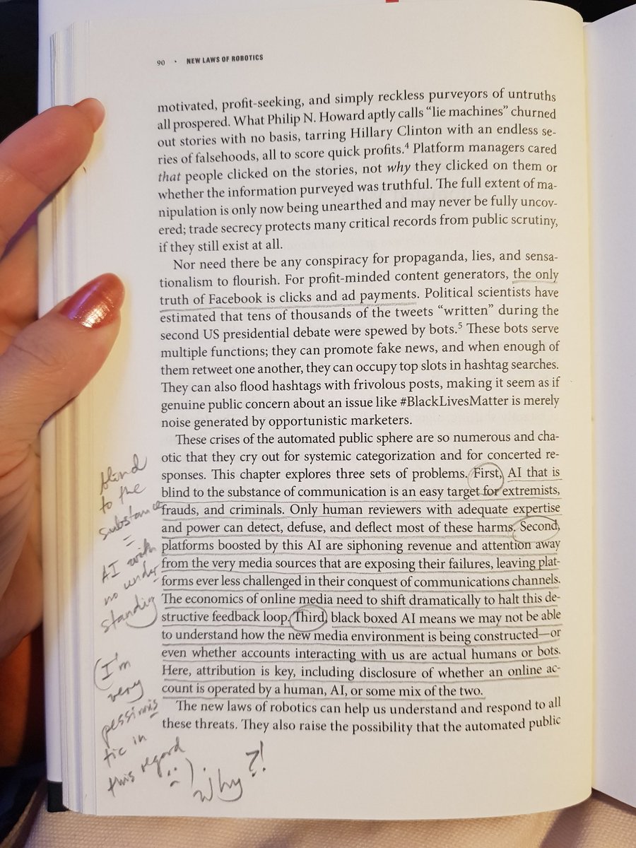 Sets of problems explored in  @FrankPasquale's book:1)  #AI with no understanding, "blind to the substance of communication is an easy target for extremists, frauds, and criminals."2) Shift of revenue and attention from traditional media sources.3) Black boxed AI6/