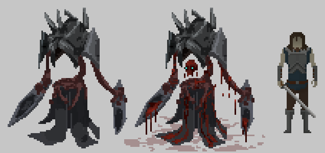 Moandore's tweet photo. @moustachevania For the concept we're working on an area with a focus on blood, so... 

And for the visuals, you better ask this to @AnthonyRubier , he is the concept artist of the team, I'm only pixelating and animating his art :p

Here's the original concept art https://t.co/0yrMvmP8bN