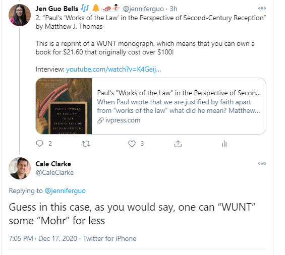jenniferguo's tweet photo. Thank you, @CaleClarke, for using the biblical studies pun of which I am most proud ๐ #IAlwaysWUNTSomeMohr reprint = #MohrForLess https://t.co/r0So3Wrakx