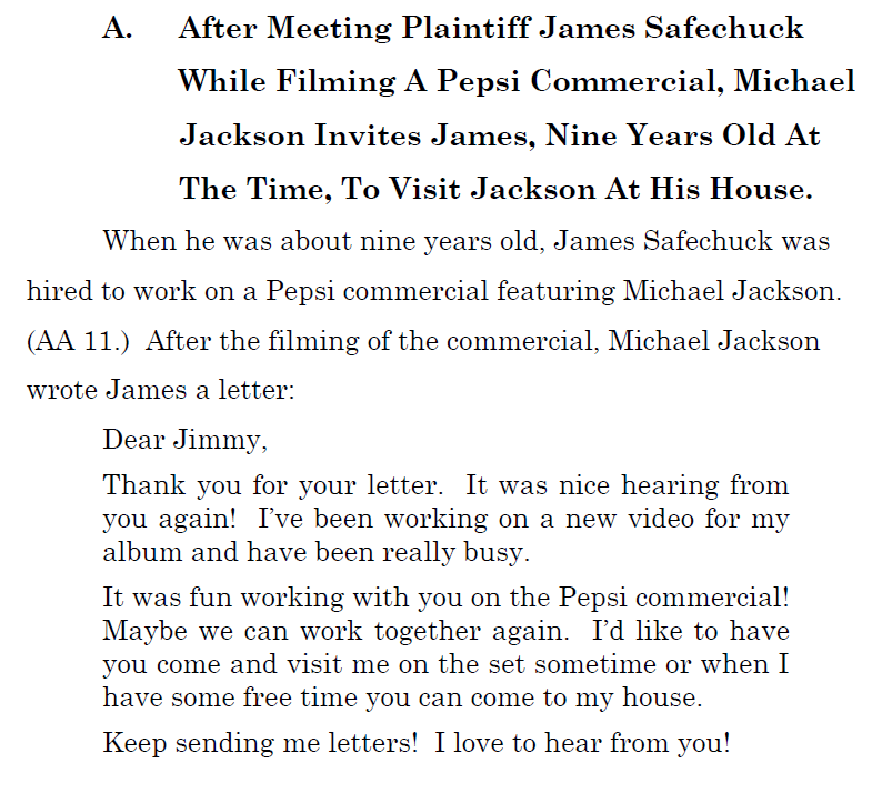 Finaldi uses a letter that MJ sent to James—in response to a letter FROM James—in which MJ mentions them "working together" on the Pepsi commercial.That commercial was funded by Pepsi and arranged by their agencies. It had nothing to do with MJ or his companies.Pointless.