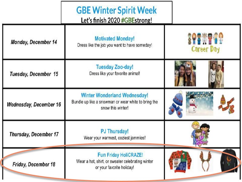 gbefcps's tweet photo. Okay GBE Roadrunners, Friday is Fun Friday HoliCRAZE!  Join us and wear a hat, shirt, or sweater that celebrates winter or the holidays!  We are so excited to see you in your HoliCRAZE finest!  #GBECheer #GBEStrong https://t.co/jJC1GYGm9q