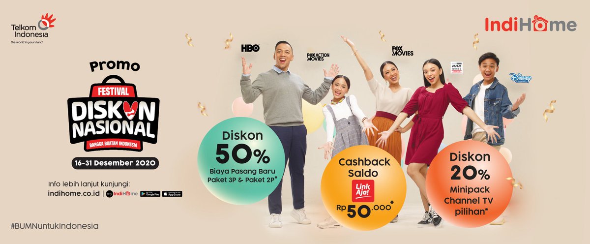 seperti diskon 50% biaya pasang baru berlangganan IndiHome, diskon 20% untuk 10 Minipack Channel TV pilihan, hingga cashback LinkAja bisa Sobat dapetin. Yuk, ikuti promonya karena berbatas waktu. Info lengkap tlkm.id/Rx3rBb

#FestivalDiskonNasional #SemuaBisaBerubahMaju