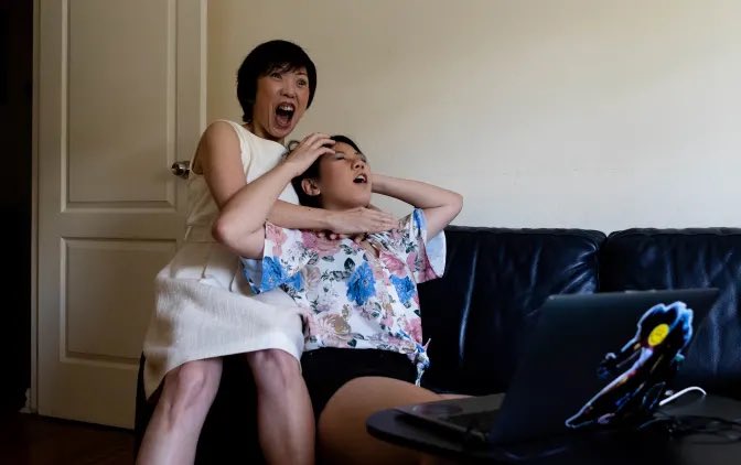Akina Li and her mum Ying Liu react to her 99.95 ATAR score 🙂 Pic by Janie Barrett