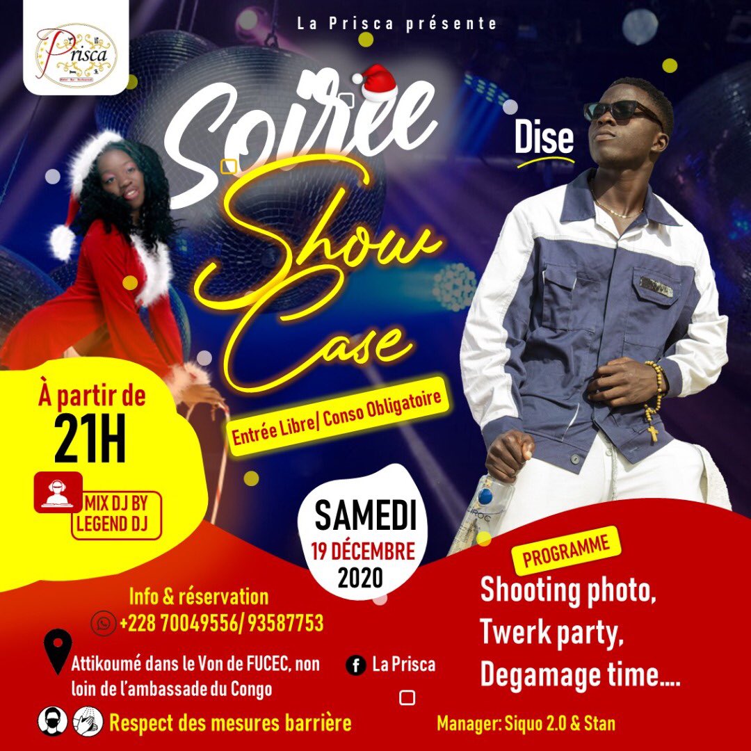 diseofficiel's tweet photo. Premier show case Dise, samedi le 19 décembre au Bar-Resto La Prisca qui se trouve à attikoumé dans le von  du FUCEC non loin de l’ambassade du Congo / entrée libre consommation obligatoire. #PDP #tune #SHOW #case #showcas #concert #ArtistesPourLautonomie https://t.co/5Z5ls5dEMA