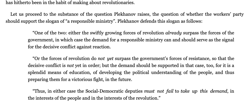 Lenin explains why he thinks misleading the public into thinking you can have a legitimate Duma with the Tsar present is a bad idea. So, here is Plekhanov's argument for a mealy-mouthed measure and advancing the absurd idea of having a "free duma" with a Tsar!