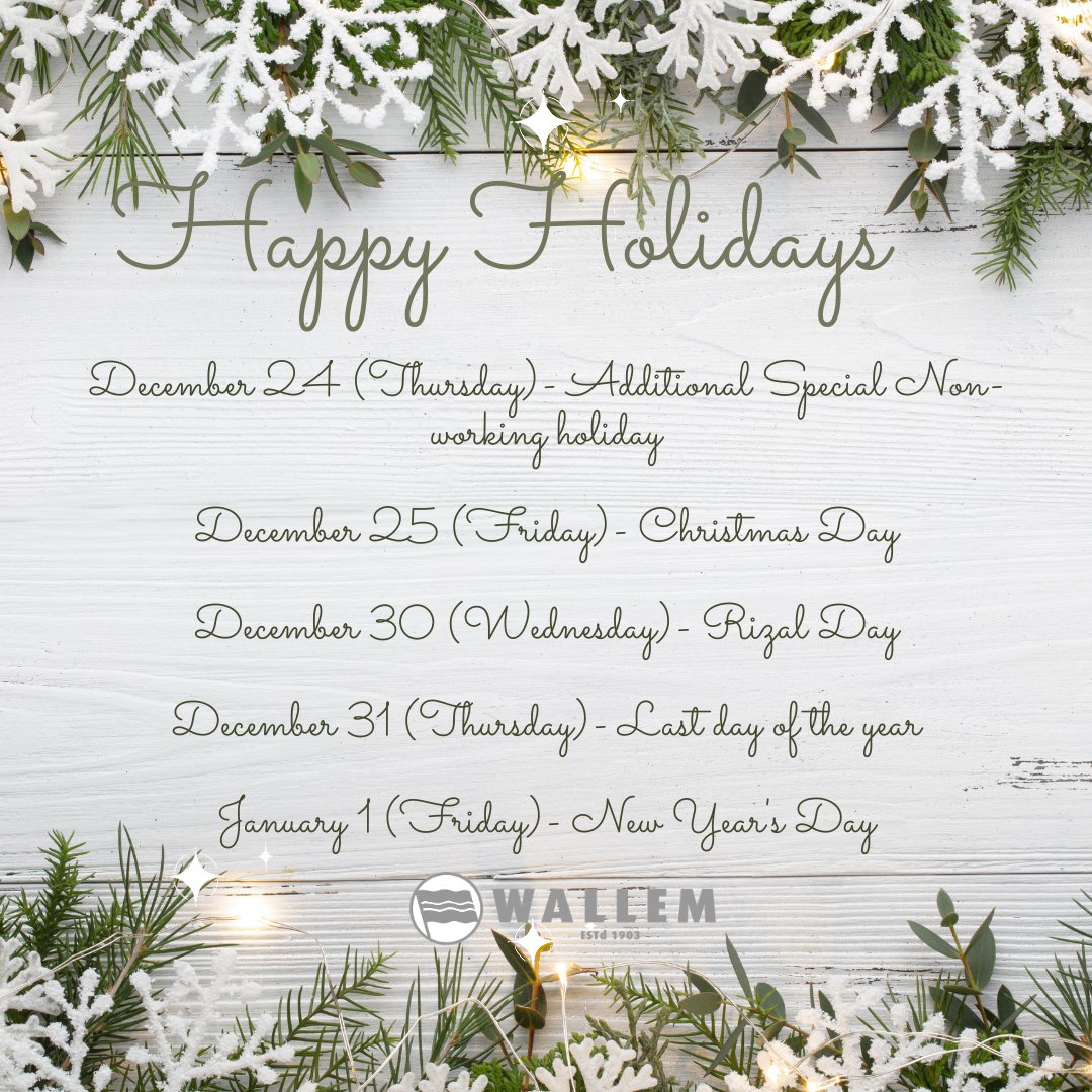 In accordance to Presidential Proclamation No. 845

✅ December 24  &amp; December 31 are both Special Non-working Holidays 
✅ December 25, December 30, and January 1 are Regular Holidays in the Philippines

#WMSIHOLIDAYADVISORY #BETTERCREWING

Learn more : crewing.wallem.com.ph/announcements/…