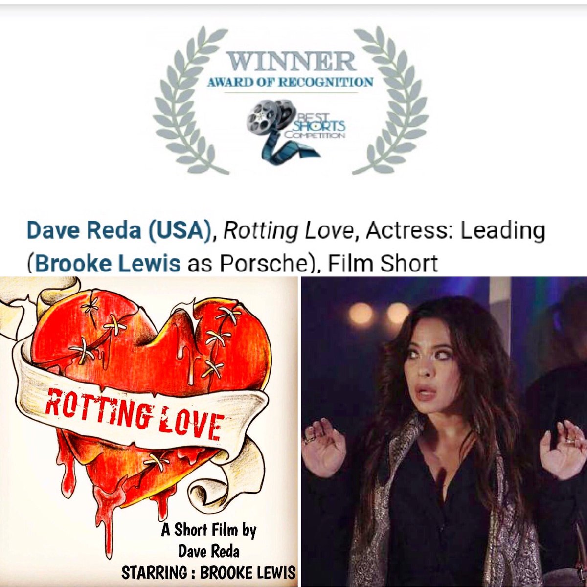 BrookeLewisLA's tweet photo. .@bestshorts #Grateful to share some #positivity as we just found out @DaveReda #RottingLove #Zombies #RomCom #Horror #Won #BestShorts #AwardofRecognition #ShortFilm & #LeadingActress π Dave, thank you for #BelievingInMe ππ We went through the #Zombie trenches & made it!π§ββοΈππ§ββοΈ https://t.co/FoLPybwo5d