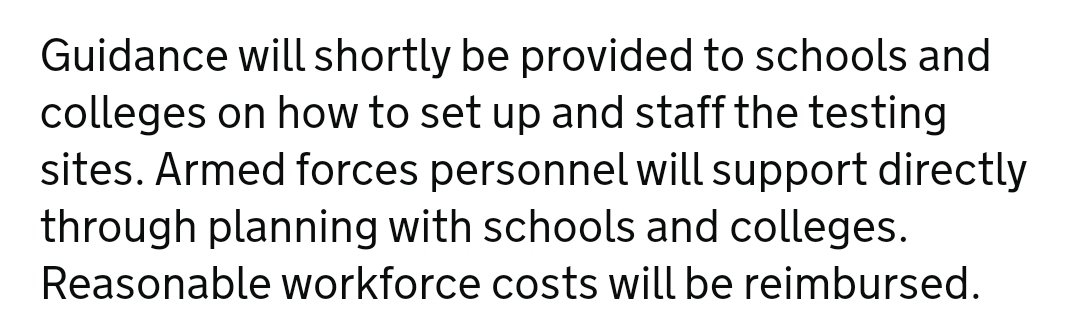 You cannot plan a thing yet for testing. The RAMC and branches of the RAF & Navy are experts in setting up these "pop up" testing facilities. The DfE have just barked the order. We now have to "Hurry up and wait". Worry about what can be controlled by you at this time.