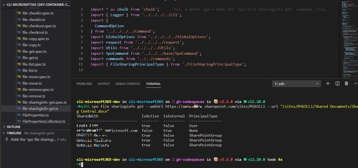 arjunumenon's tweet photo. Finally tried my hands on #Microsoft365CLI Remote Container. Loving it. Nothing better than a clean base machine and dev tools on a #Docker. Loving the idea.. Awesome idea work on that @garrytrinder and the whole @climicrosoft365 team. #SuperAwesomeTeam https://t.co/IvFTC8XOBL