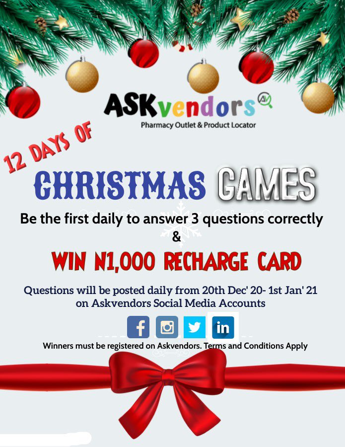 ASKvendors's tweet photo. Watch out for ASKvendors Christmas games. Recharge cards to be won!

Two days until the games start!!

Follow us to be notified when the questions are posted. https://t.co/kmRVfxVvjz