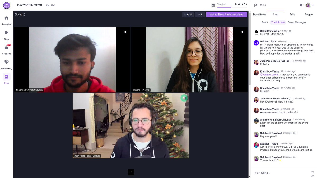 siddharth_hacks's tweet image. Join @juanpflores_ @khushbooverma_ @UB_Shubh💫 as @GitHubEducation Booth is live at #DevConf_IN