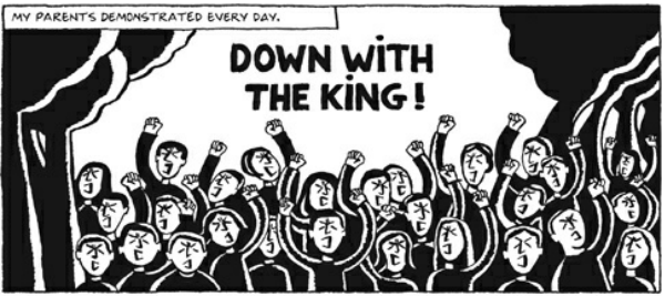 gabybern_'s tweet photo. A4: This frame on page 18 not only illustrates what the people are clearly doing, but also says what they are doing it for. The frame shows men and women demonstrating in the streets and spells out the main movement of the revolution: to take down the king. #MarjiChat https://t.co/q5MTTakEjF