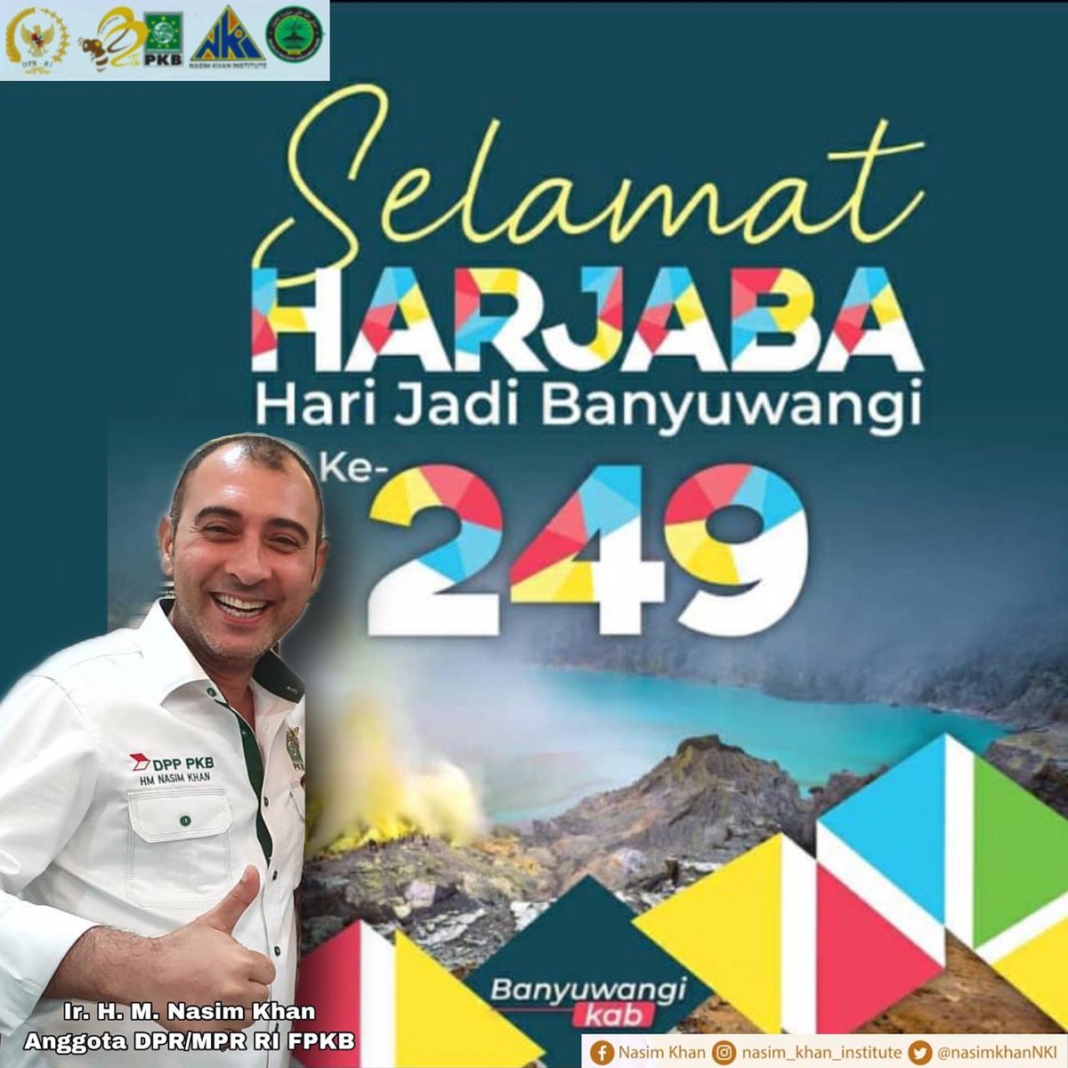 nasimkhanNKI's tweet photo. Selamat hari Jadi Kota Banyuwangi (HARJABA) pada tahun 2020 ini adalah ulang tahun yang ke 249.
#harjaba #pbnu #DPP_PKB #kemendag #laresenibanyuwangi_ @FraksiPKB #humaspolresbanyuwangi #kodim0825banyuwangi #erickthohir #kementerianbumn #banyuwangi_kab #pkbbanyuwangi https://t.co/2REWnRfpmk