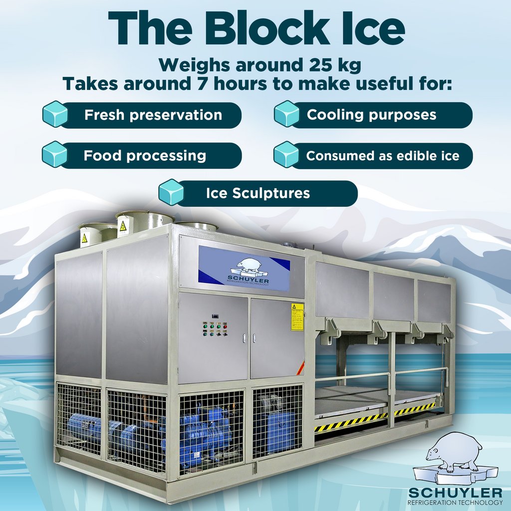 ref_ice's tweet image. BLOCK ICE MAKER MACHINE
• Block Ice weighs around 25kg
• Takes around 7 hours to make
 
USEFUL FOR:
• Fresh Preservation
• Food Processing
• Cooling purposes
• Consumed as edible ice
• Ice Sculptures
 
#BlockIceMaker
#SchuylerRefrigeration
#CDIDigitalMarketing