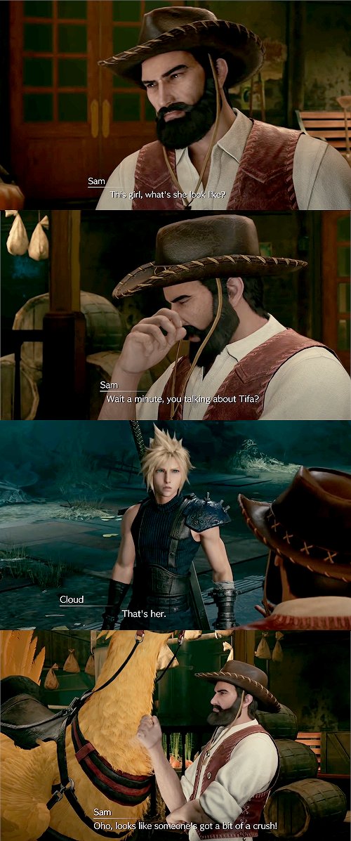 Going backwards, forgot to add that this scene is also new and exclusive the FF7R: a new character named Chocobo Sam teases Cloud about his crush on Tifa when Cloud asks him for more info on where Tifa was 