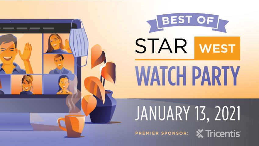 TechWell's tweet photo. 'Tis the season to come together—virtually! Introducing the Best of #STARWEST Watch Party on Jan. 13 hosted by @awadesqe with speakers @erika_chestnut @GregPaskal @queenofcode @rogueautomator @jennydoesthings &amp; Belinda Goodman. Learn more:  https://t.co/pM6YycdZOj https://t.co/MijI4Mr00D