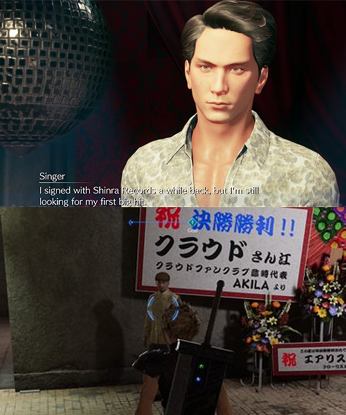 More new scenes to FF7R: while at Wall Market, there is a singer called AKILA, whose song called Midgar Blues perfectly describes Cloud's POV recalling the night he made the promise to Tifa back in Nibelheim before leaving to Midgar  He is also president of Cloud's fanclub.
