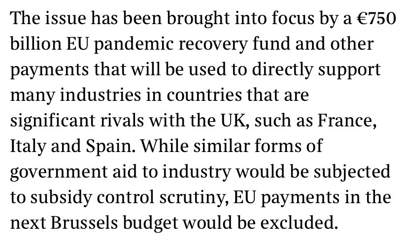 However the EU’s repeated references to the “level playing field” seem rather hollow once you hear they plan to bring forward the €750 billion Covid19 recovery fund as “no aid” on this basis.