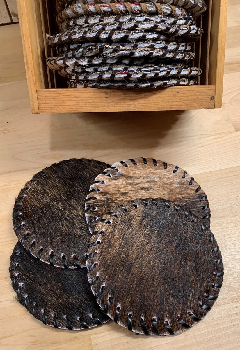 Howkola's tweet image. Excited to share the latest addition to my #etsy shop: Hand Laced COWHIDE COASTERS, multiple colors, western feel, 5" diameter, wool, felt or leather  backing, set of 4 etsy.me/3harTmp #western #homedecor #coaster #tabledecorations #handmade #cowhide #leather #